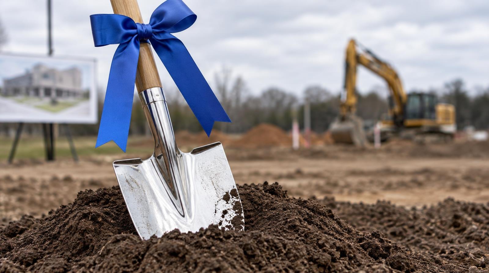 A chrome ceremonial shovel with a ribbon stands upright in a mound of dirt.