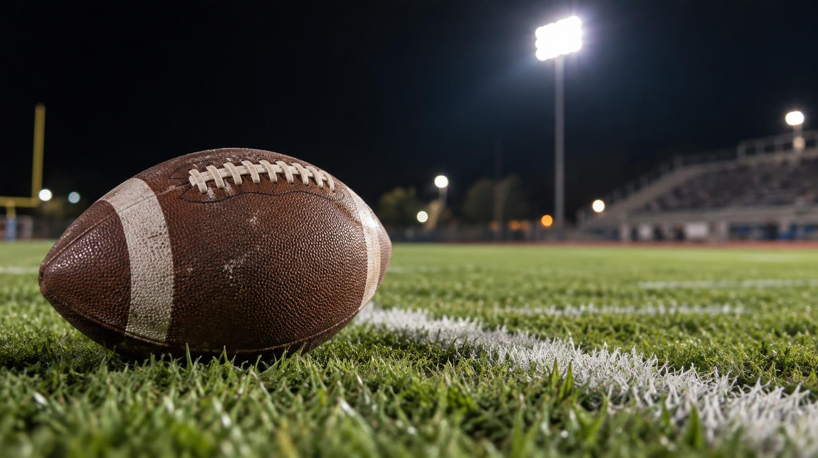 An American football on green grass near a white yard line under bright stadium lights at night.