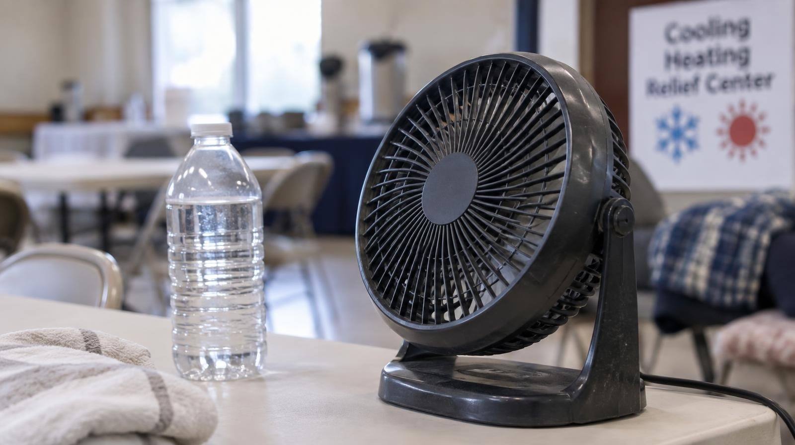 A portable electric fan and water bottle on a table in a community room.