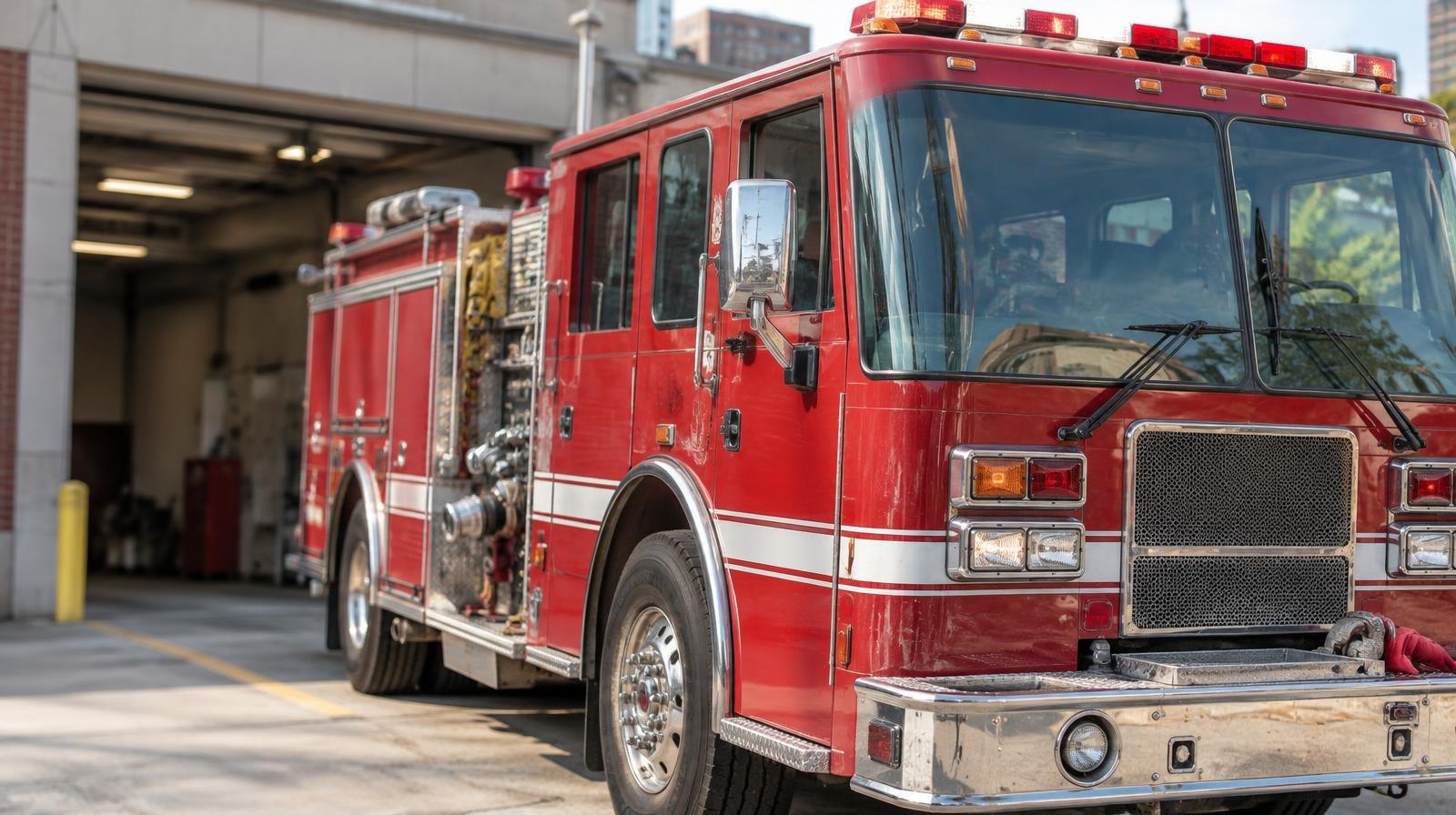 A red fire engine parked in front of an open fire station bay door.