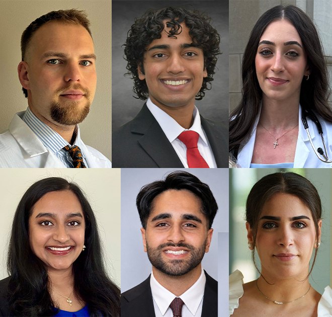 Six medical students in professional attire and white coats shown in a grid of headshot portraits.