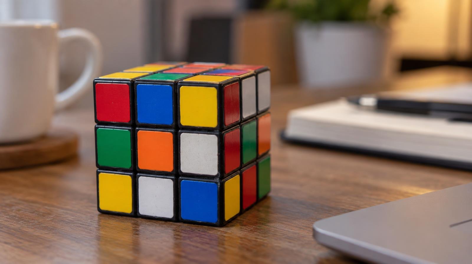 A colorful, partially solved Rubik's Cube resting on a flat surface.