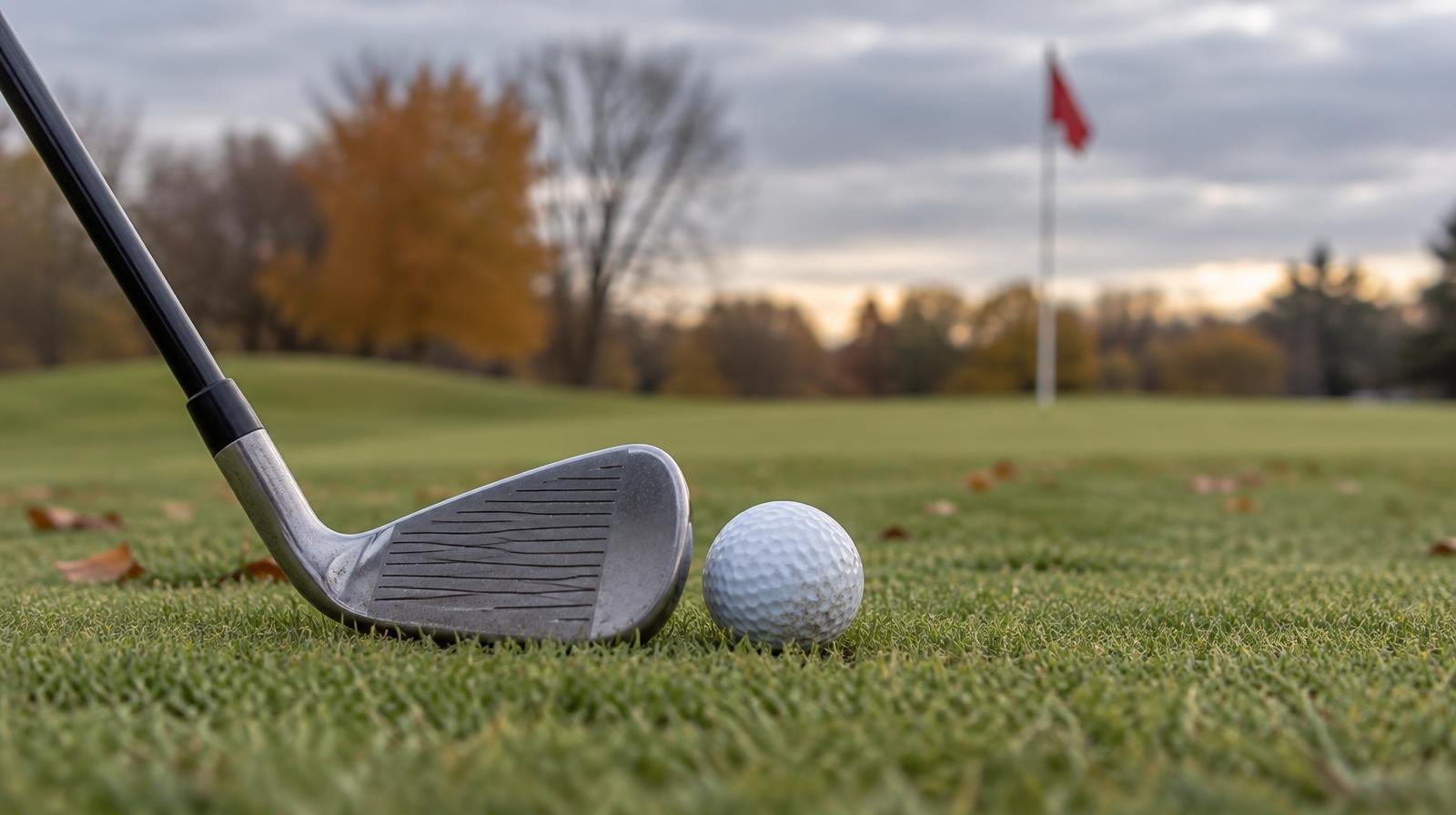 A golf club resting beside a golf ball on a closely mown fairway with a flagstick in the background.