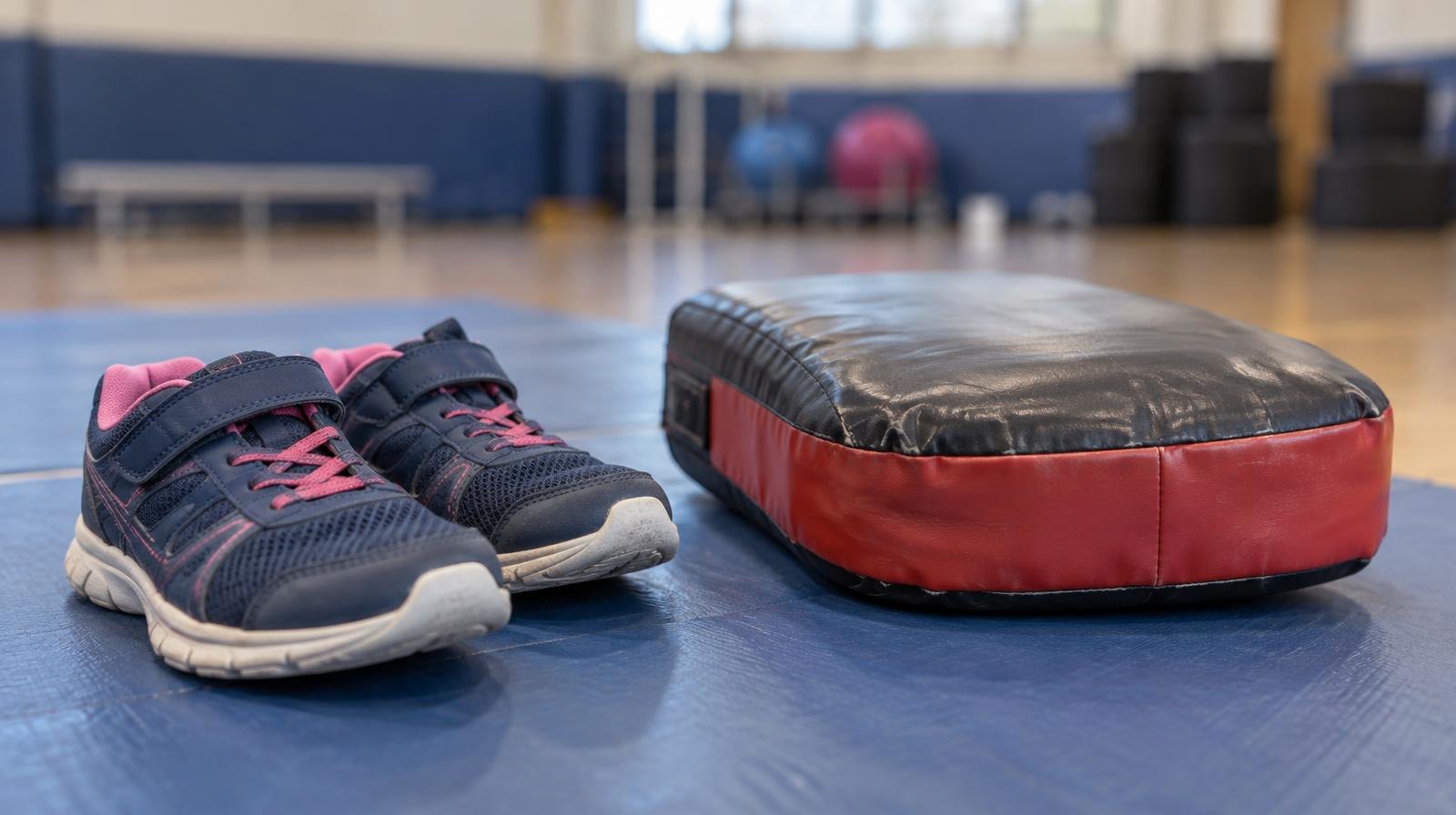 Small athletic sneakers beside a practice pad on a gym mat.