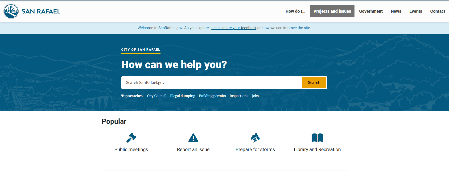 Screenshot of the SanRafael.gov homepage with a search bar and service shortcut icons.