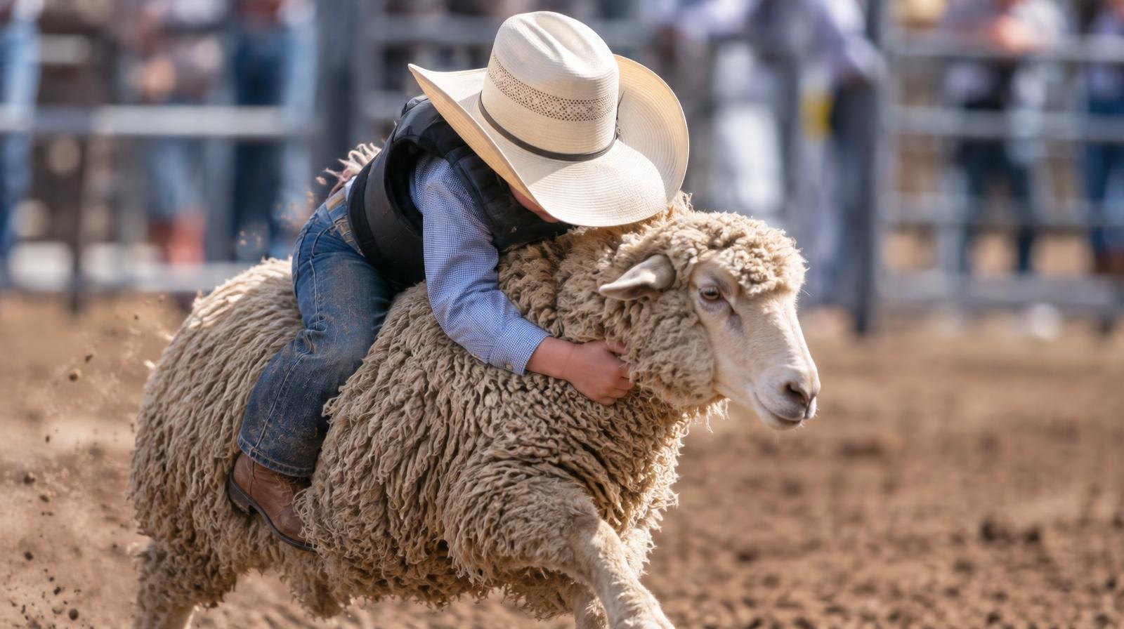 Young child in cowboy hat and vest riding a sheep in a dusty arena.