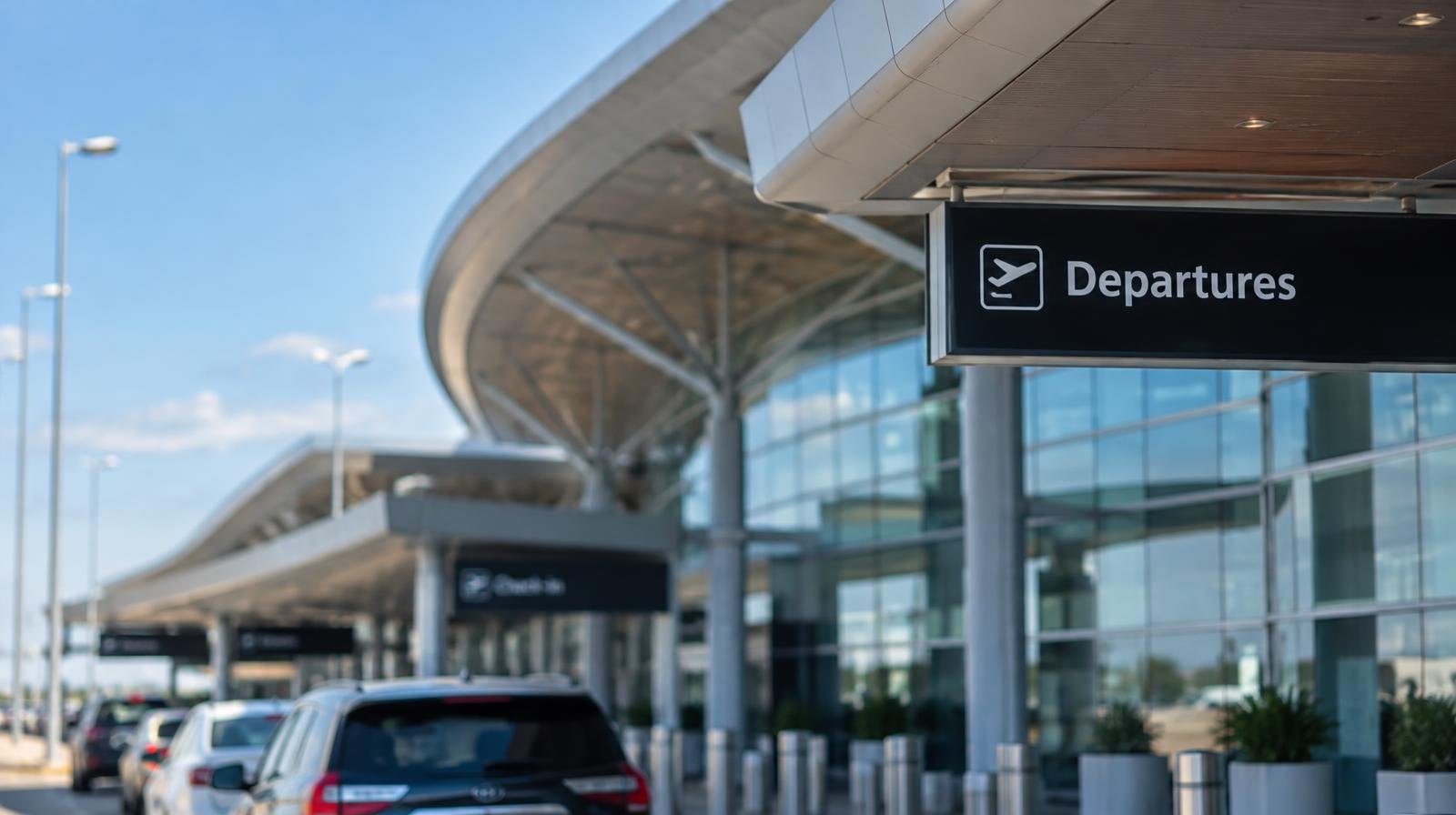 Modern airport terminal building with a curved roof viewed from the departure roadway.