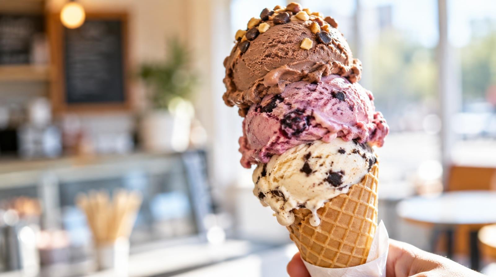 Colorful scoops of artisan ice cream in a waffle cone.