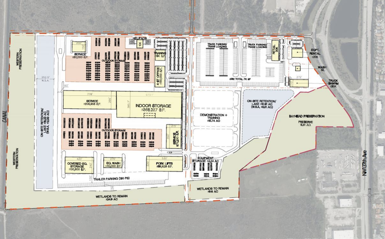 Conceptual site plan drawing of a large commercial development with labeled storage, parking, and wetlands zones.