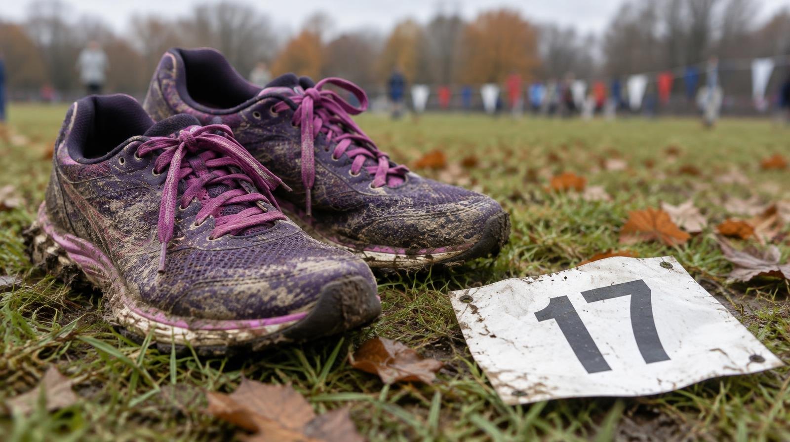 Women's running shoes resting on a muddy grass cross country course.