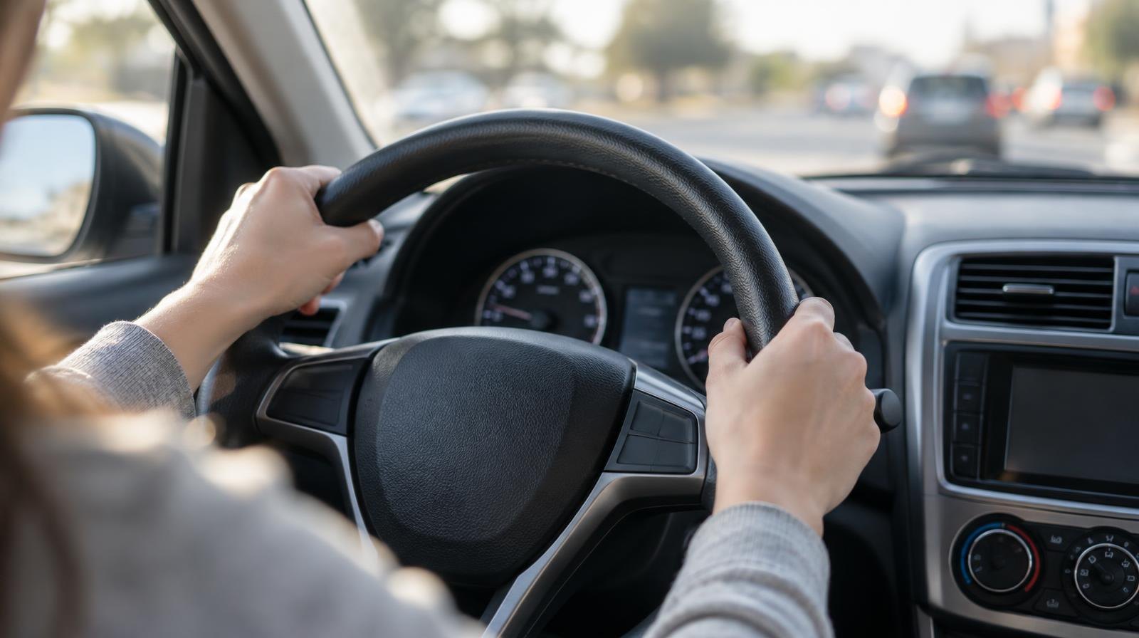 Hands gripping a car steering wheel viewed from the driver's seat.