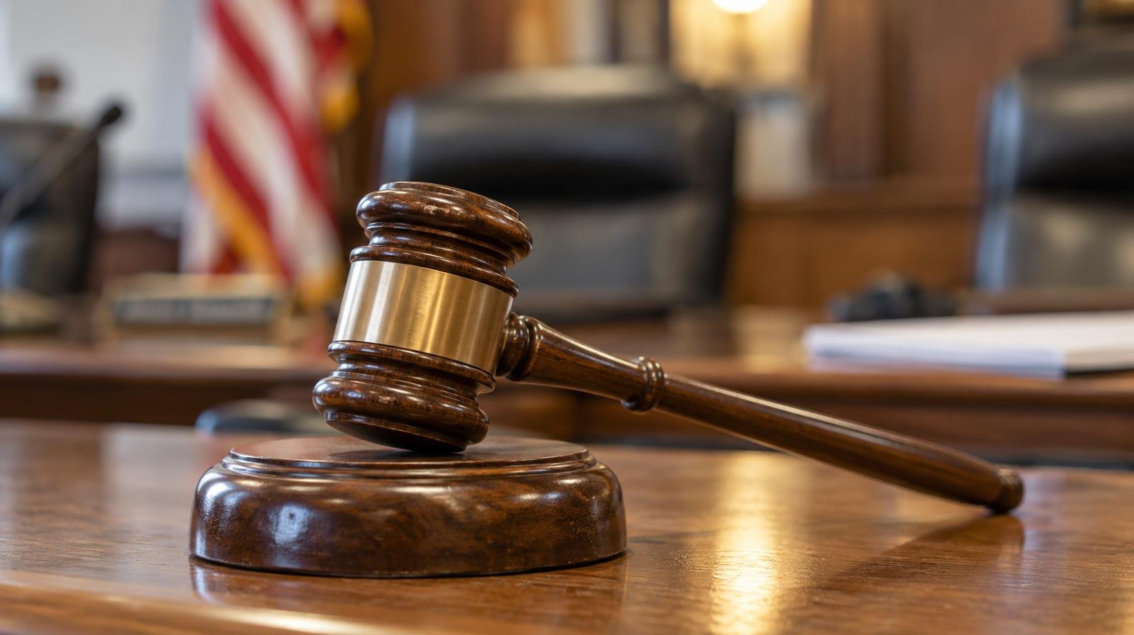 A wooden gavel resting on its sound block on a polished table.
