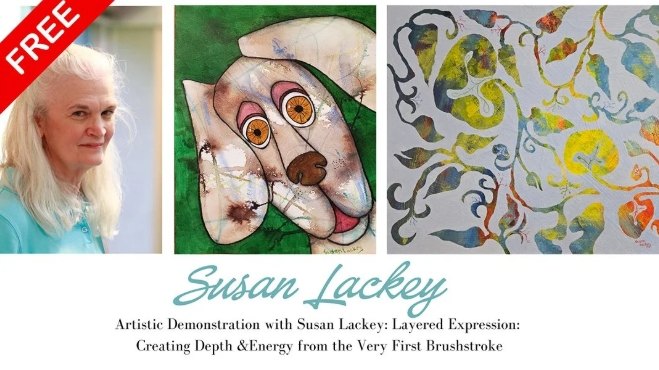 Event flyer showing two paintings and a portrait of a woman artist.