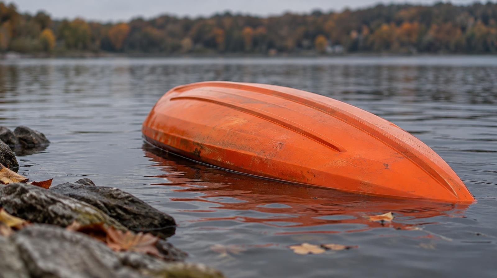 A bright orange kayak floating upside-down on calm dark water near a shoreline.