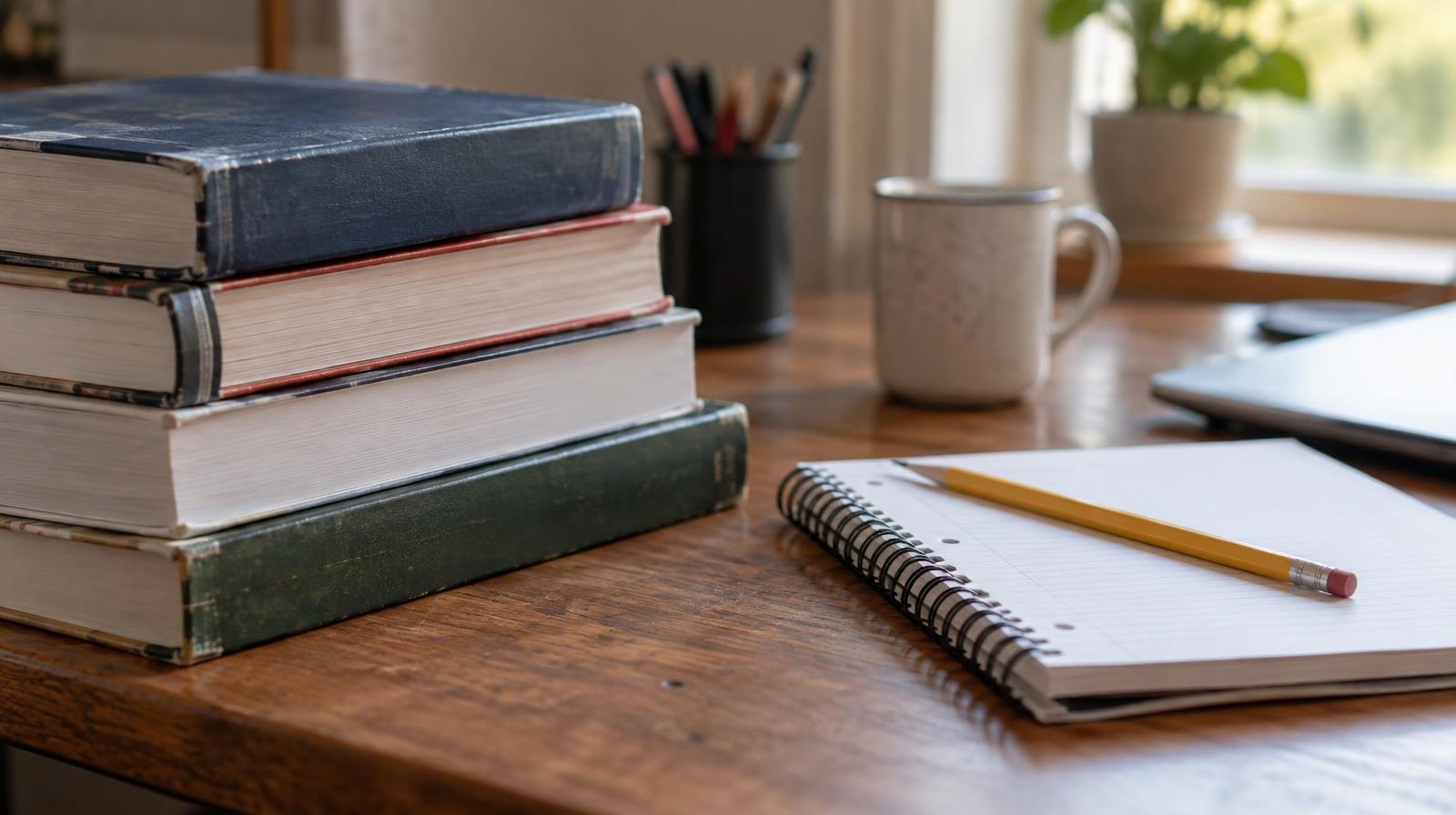 Stack of college textbooks and a spiral notebook beside a pencil on a wooden desk.