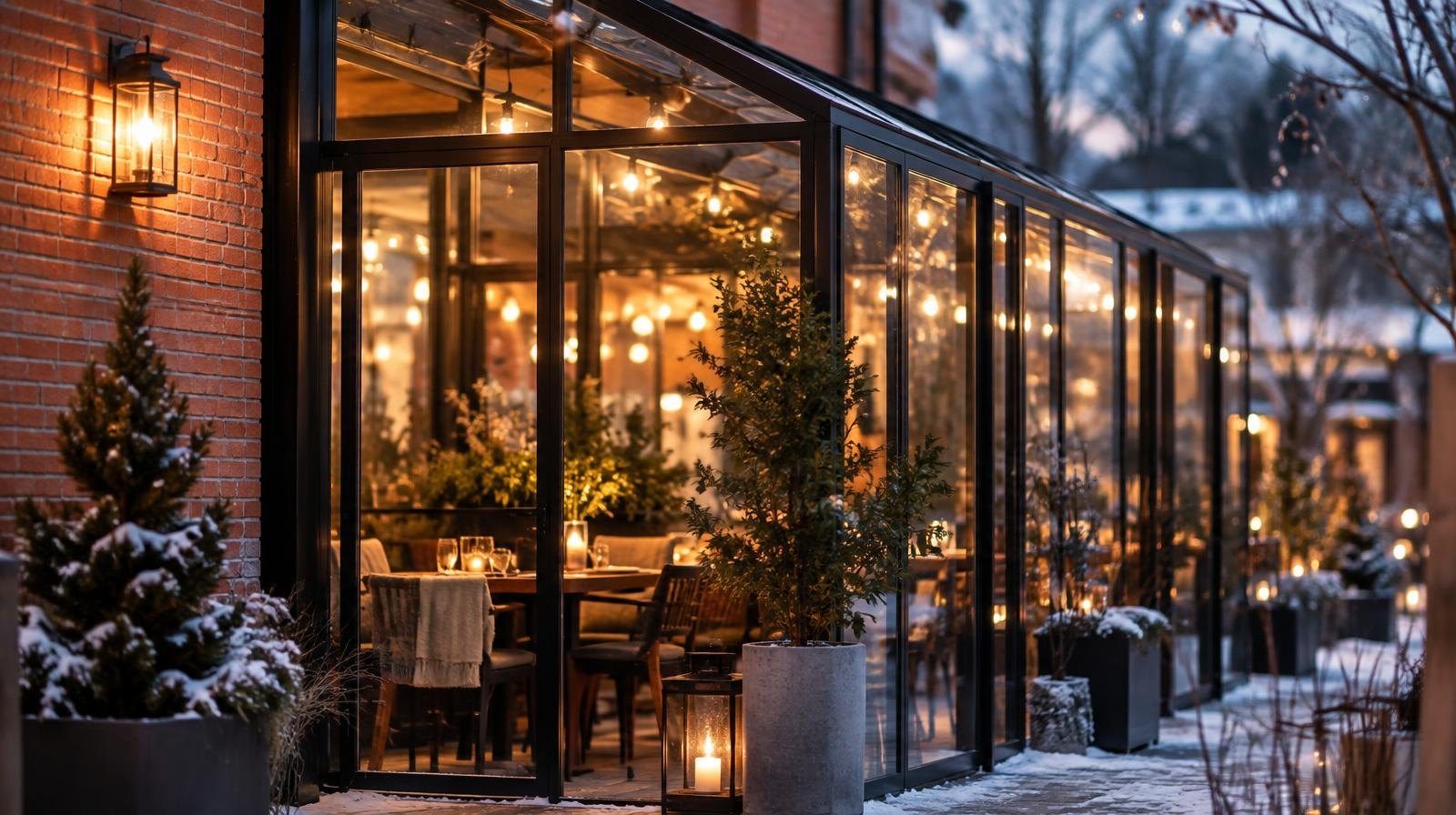 Glass greenhouse structure with string lights and plants attached to a brick building at night.