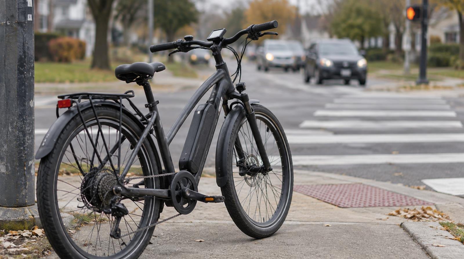 Electric bicycle parked on a sidewalk beside painted white crosswalk lines.