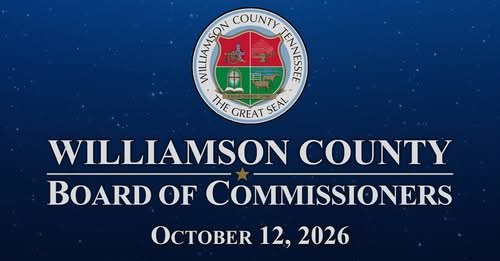 Dark blue graphic with county seal and text announcing a Board of Commissioners meeting.