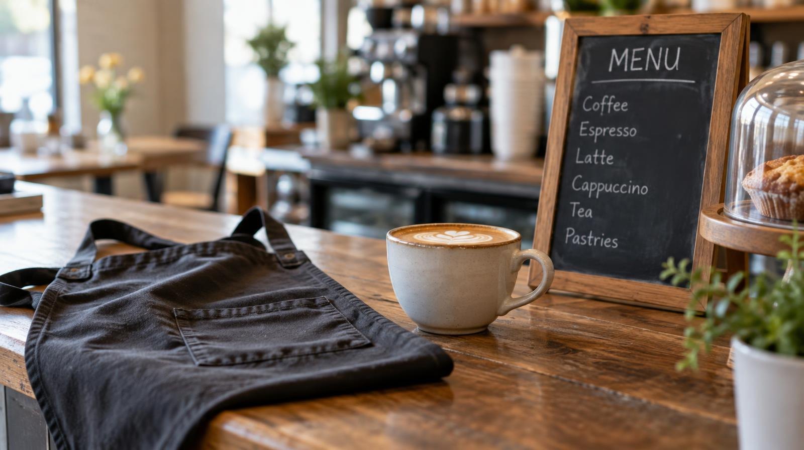 A folded apron, coffee cup, and chalkboard menu sign on a café counter.