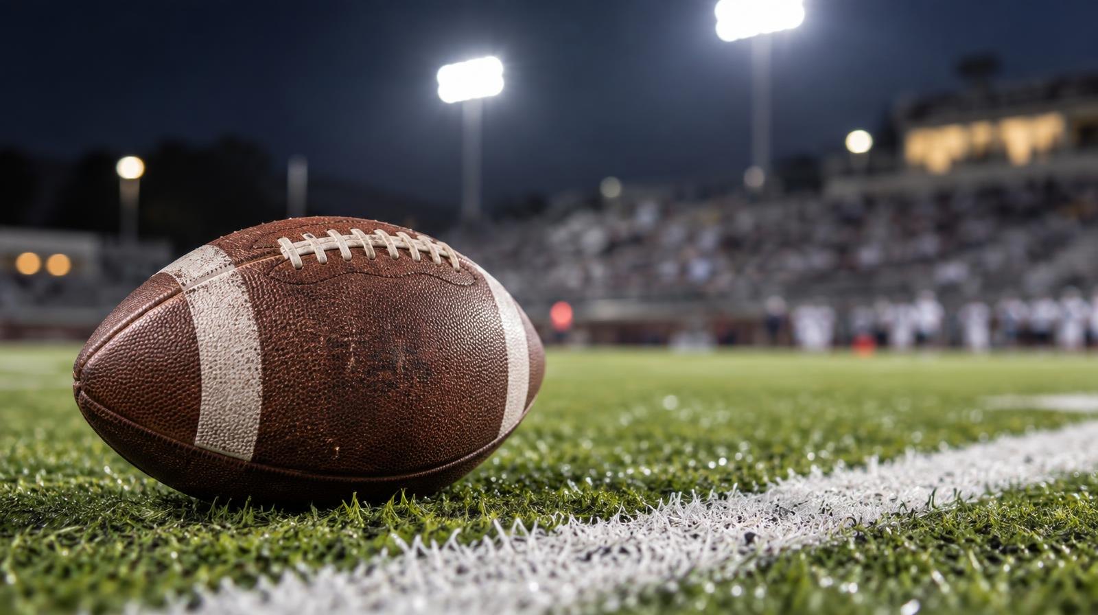 An American football on green turf beside a white yard line under bright lights.