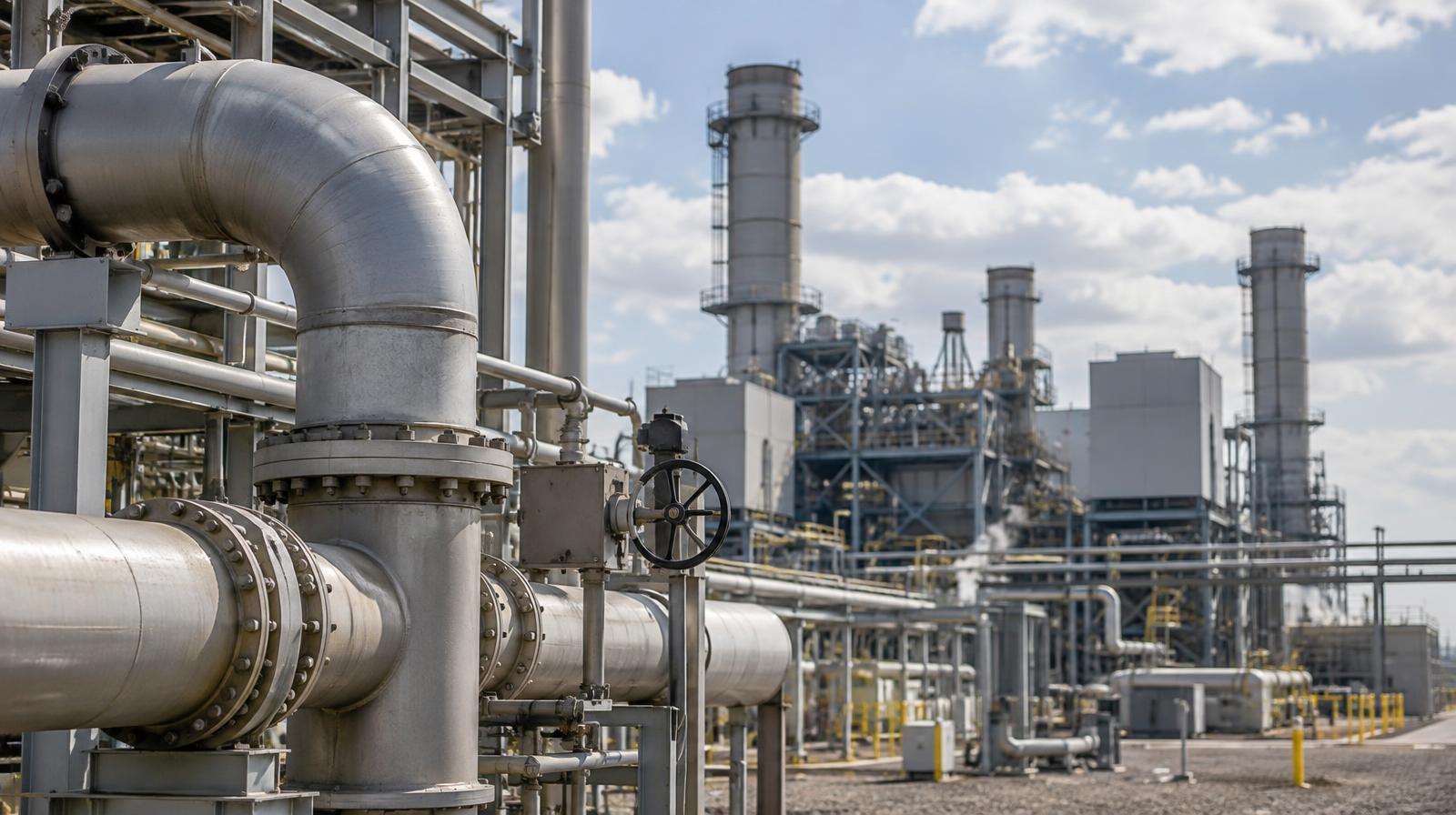 Industrial power plant facility with exhaust stacks and piping under a partly cloudy sky.
