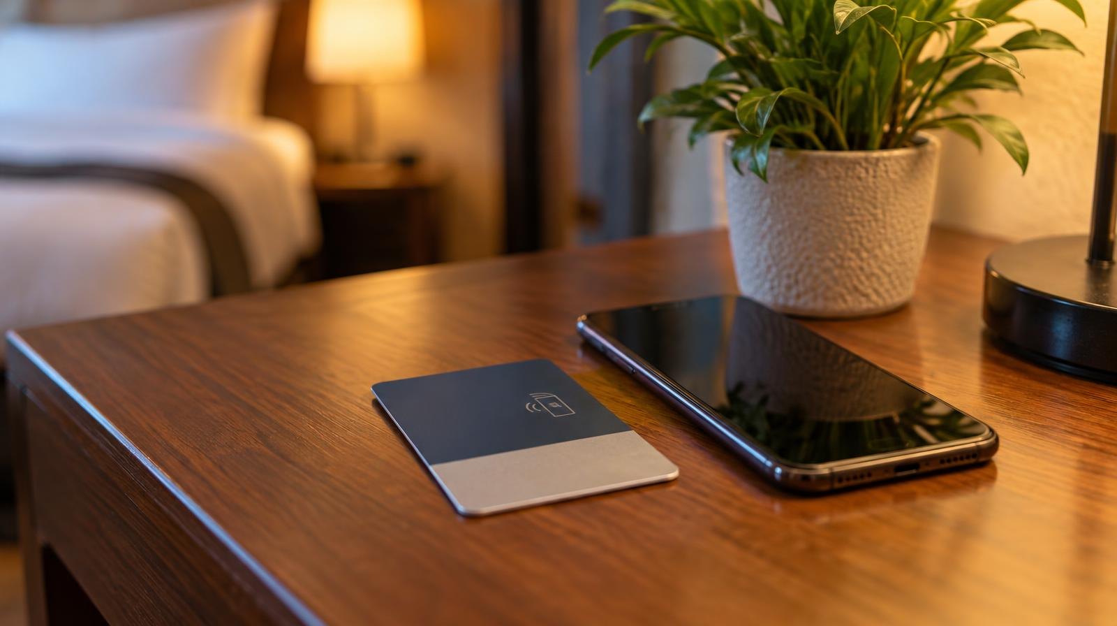 Hotel keycard and smartphone resting on a wooden desk beside a plant.