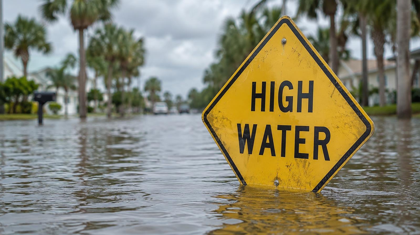 A yellow high water warning sign stands in floodwater on a street lined with palm trees.