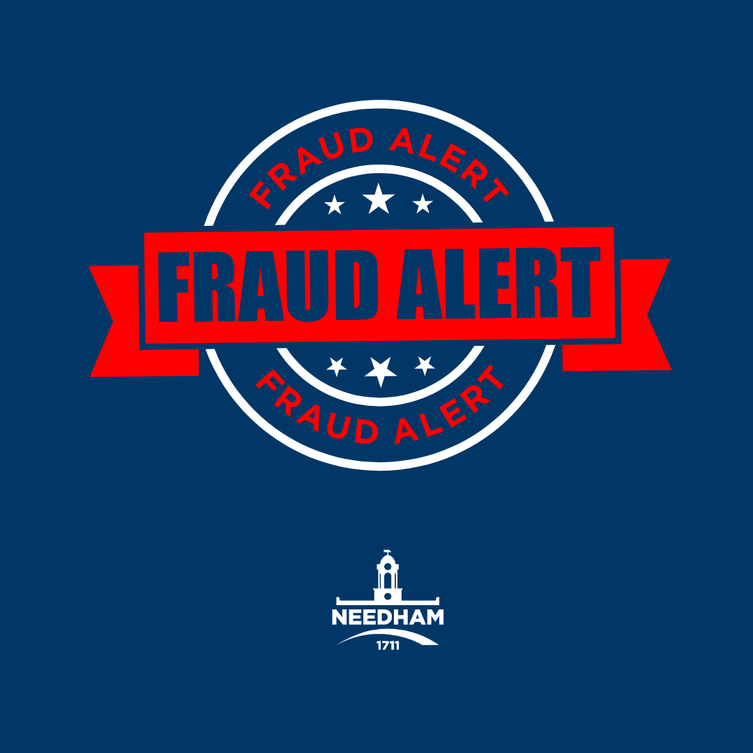 Red, white, and blue circular stamp graphic reading 'Fraud Alert' with a town seal below.
