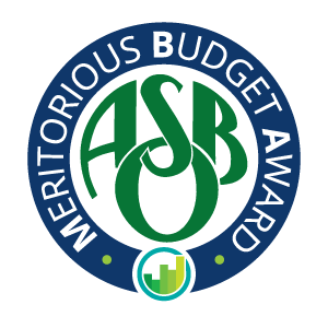 Circular seal reading Meritorious Budget Award with ASBO lettering in green and navy.