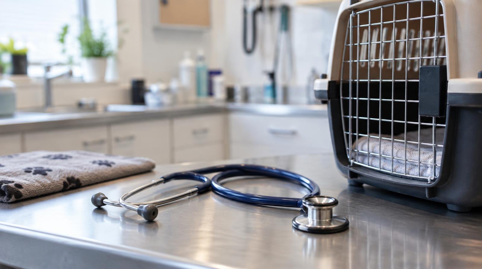 Veterinary stethoscope on an exam table next to a small pet carrier.