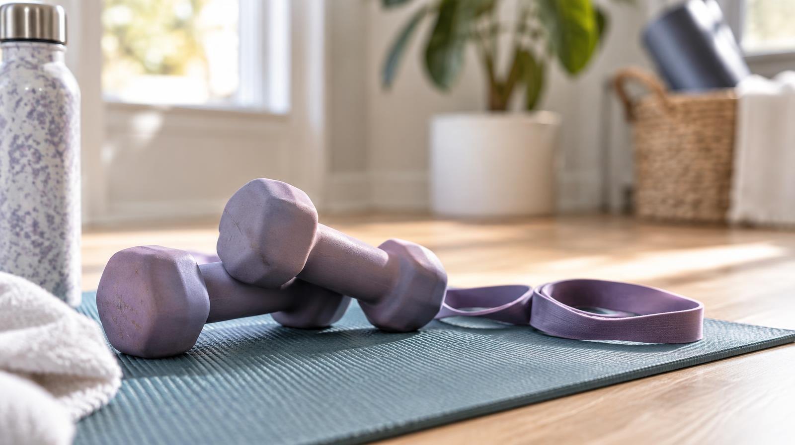 Light hand weights and a resistance band resting on a rolled yoga mat.