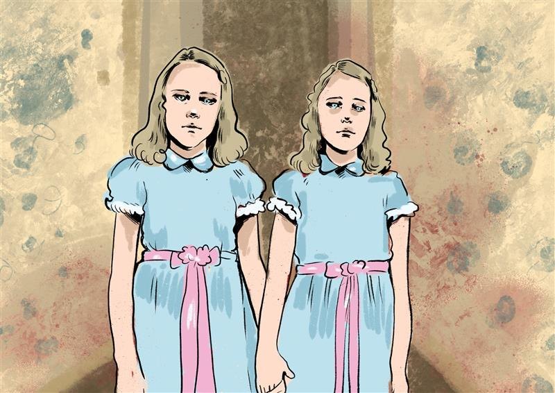 Digital illustration of two identical twin girls in matching blue dresses holding hands.