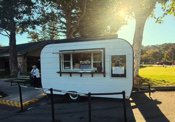 Cindi’s Coffee Cart parked near the Rossmoor golf course with its service window open.