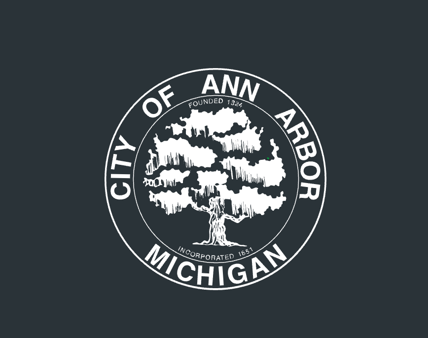City of Ann Arbor, Michigan official seal, a white oak tree inside a circular emblem reading "City of Ann Arbor Michigan," with "Incorporated 1851" beneath the tree.