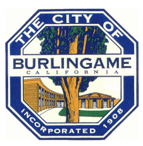 The official seal of the City of Burlingame, California — an octagonal blue-and-white emblem featuring an illustration of a large tree beside a low colonnaded building, with the text "The City of Burlingame, California" and "Incorporated 1908."