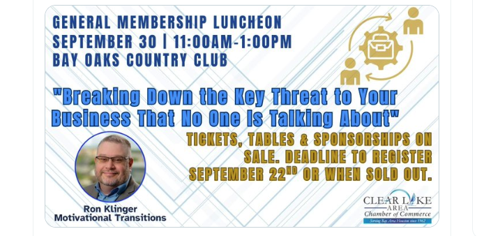 Promotional flyer for the Clear Lake Area Chamber of Commerce's Sept. 30 General Membership Luncheon, featuring speaker Ron Klinger of Motivational Transitions.
