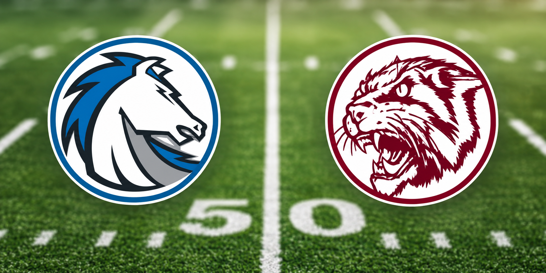 An illustrated graphic of a mustang mascot and a wildcat mascot facing off on a football field, representing Clear Springs and Clear Creek.