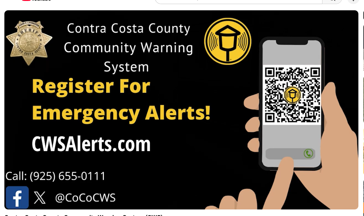 Black graphic promoting Contra Costa County's Community Warning System, with a sheriff's badge, a yellow warning siren icon, and a hand holding a phone displaying a QR code, alongside the text "Register For Emergency Alerts!," CWSAlerts.com and the phone number (925) 655-0111.