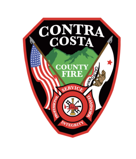 Contra Costa County Fire Protection District badge, featuring crossed American and California flags, Mount Diablo, and a Maltese cross with "Service, Teamwork, Integrity"