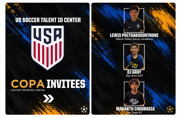 Graphic titled "COPA Invitees" showing headshots of three soccer players invited to the U.S. Soccer Talent ID Center: Lewis Phithaksounthone of Silicon Valley Soccer Academy, DJ Gray of Bay Area Surf, and Maharth Chourasia of The Town FC, alongside the U.S. Soccer Talent ID Center logo.