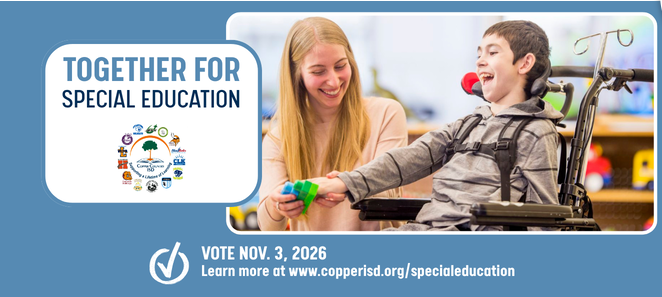 "Together for Special Education" graphic showing a teacher assisting a student in a wheelchair with a classroom activity, alongside "Vote Nov. 3, 2026" text and the CCISD logo.