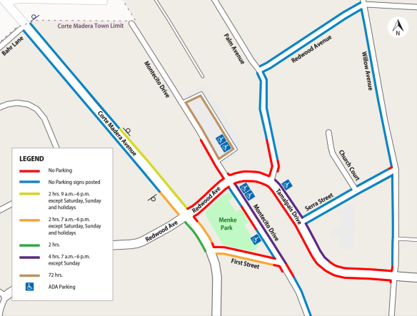 Color-coded map of streets around Old Corte Madera Square and Menke Park, showing current no-parking zones, time-limited parking areas and ADA parking spots.