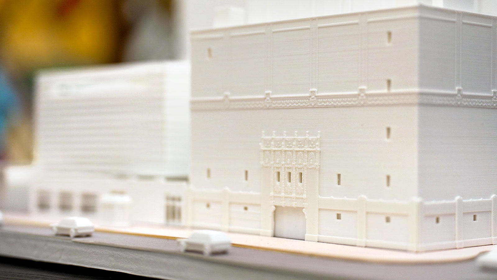 Architectural model of the Wolfsonian-FIU museum and an adjacent modern addition.