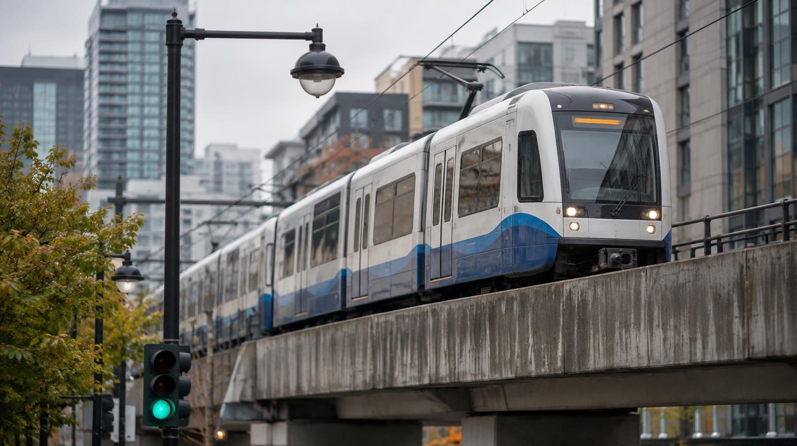 A light rail train runs on elevated tracks above a city street.