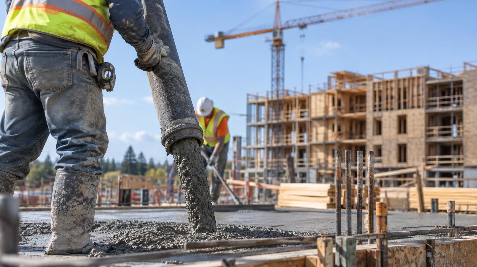A tower crane rises over a concrete foundation at an apartment construction site.