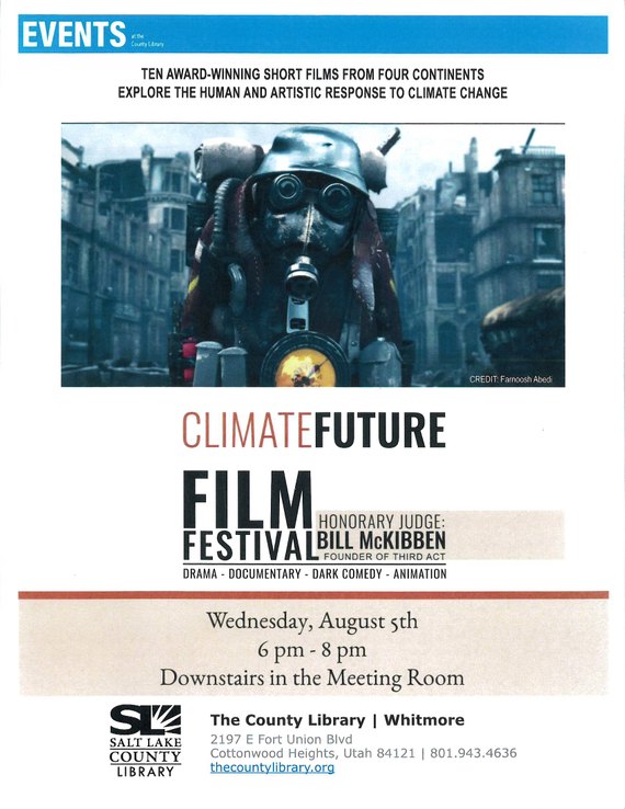 Promotional flyer for the Climate Future Film Festival featuring a figure in a gas mask against a dystopian cityscape.