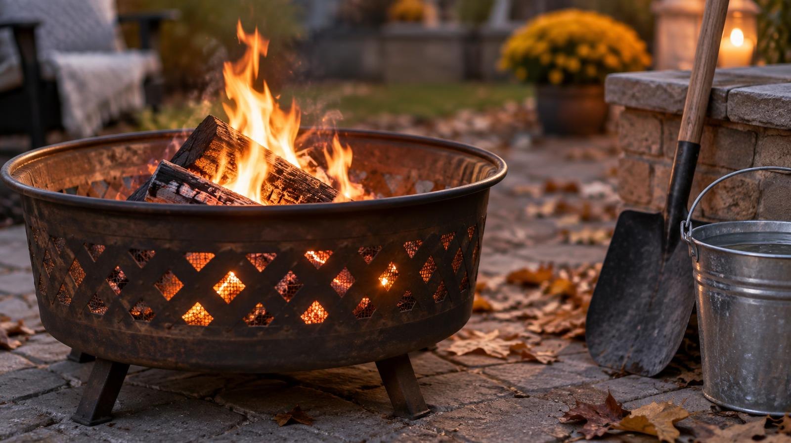 A small fire burns in a round metal fire pit on a patio at dusk.