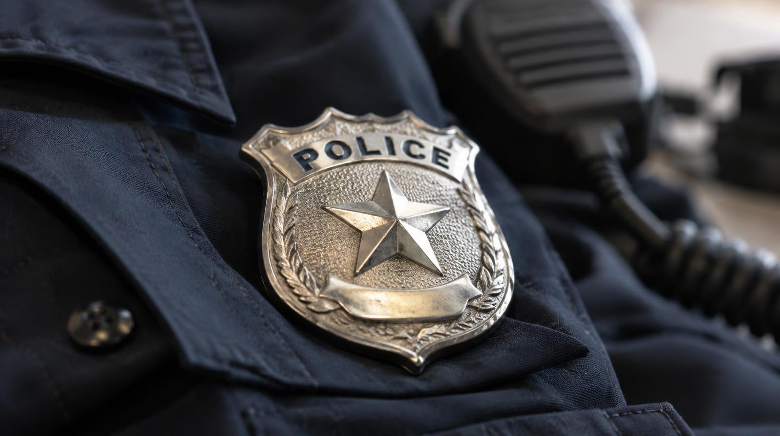A shiny police badge resting on folded dark navy uniform fabric.