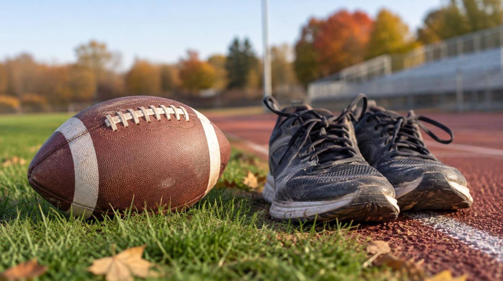 A football rests on grass beside a pair of running shoes in autumn light.