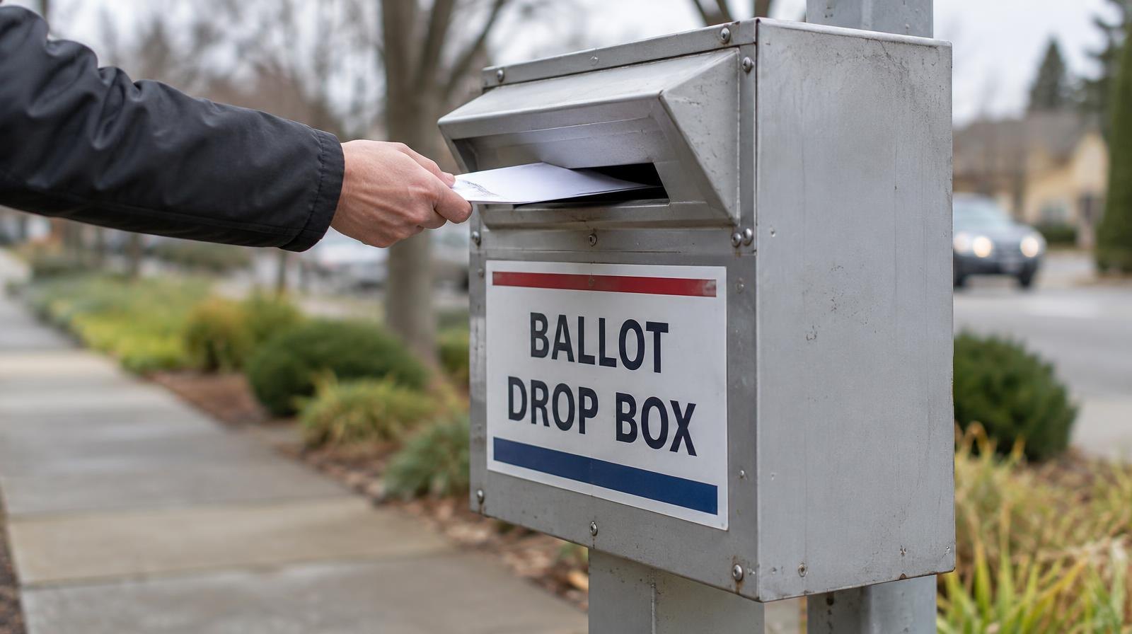 A secure metal ballot drop box on a post on a sidewalk.